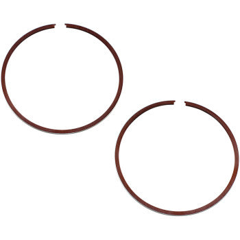 Two brown circular snap rings with small openings, side by side on a white background. Perfect for use with the Ring Set by Wiseco or as a replacement for piston sets.