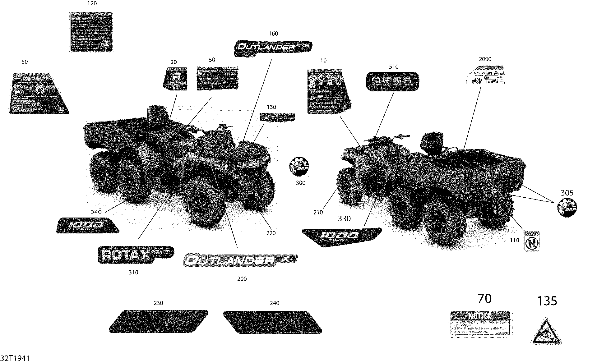 An Image of a Genuine Can-Am Parts Schematic Diagram showing the schematic - DECALS OUTLANDER MAX - 6X6 - XT - 
