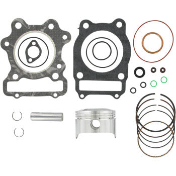 The Honda Piston Kit with Gaskets 74.00 mm by Wiseco includes pistons, piston rings, a pin, gaskets from a top-end kit, and various O-rings and seals, all displayed on a white background.