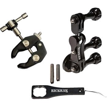 The GoPro Mount 360 Degree Universal Clamp by Rickrak includes a black metal clamp, adjustable jointed arm, two screws, and a wrench—perfect for mounting action cameras—displayed on a plain white background.