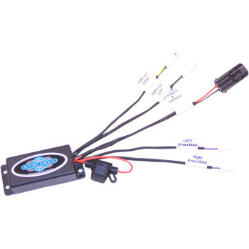 The Indian Illuminator Module - Front by Badlands is a black module with labeled wires and colored connectors, designed for Indian vehicle lighting, front turn signals, and other electrical systems.