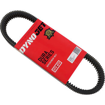 A black oval drive belt, partly wrapped in red packaging labeled "Polaris Dura Series Drive Belt by Dynojet," features branding, a barcode, and notes it’s made in the USA.
