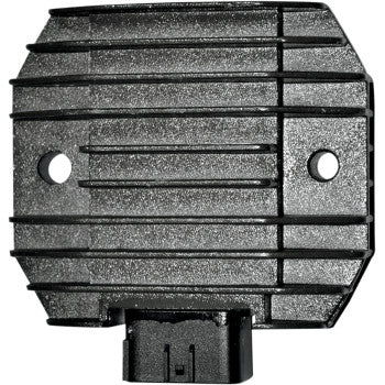 Black rectangular metal regulator rectifier with horizontal cooling fins and a central black electrical connector.