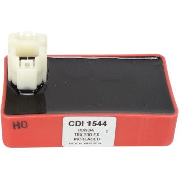 Rectangular red and black Honda Hot Shot CDI box with white connector and product label on side.