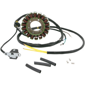 Circular copper coil stator with black wiring harness and connectors, three black heat shrink tubes included.