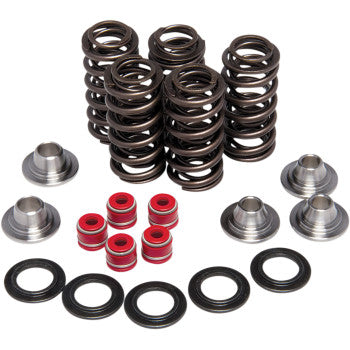 The Yamaha Valve Spring Kit 0.380" Lift by Kibblewhite is shown on a white background with dual valve springs at the top, metal retainers, red seals, and black washers below. Designed for turbocharged applications.
