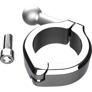 The Clamp Aluminum Gen 2 1 1/4 1 1/8 Chrome by Ciro and its matching hex-head screw are displayed on a white background—perfect for those seeking durable, chrome-finished motorcycle mounts.