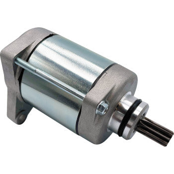 The Honda Starter by Moose Offroad is a metallic cylindrical electric motor featuring a gear at one end and a side mounting bracket, designed as a direct bolt-on OEM-spec replacement, shown on a plain white background.