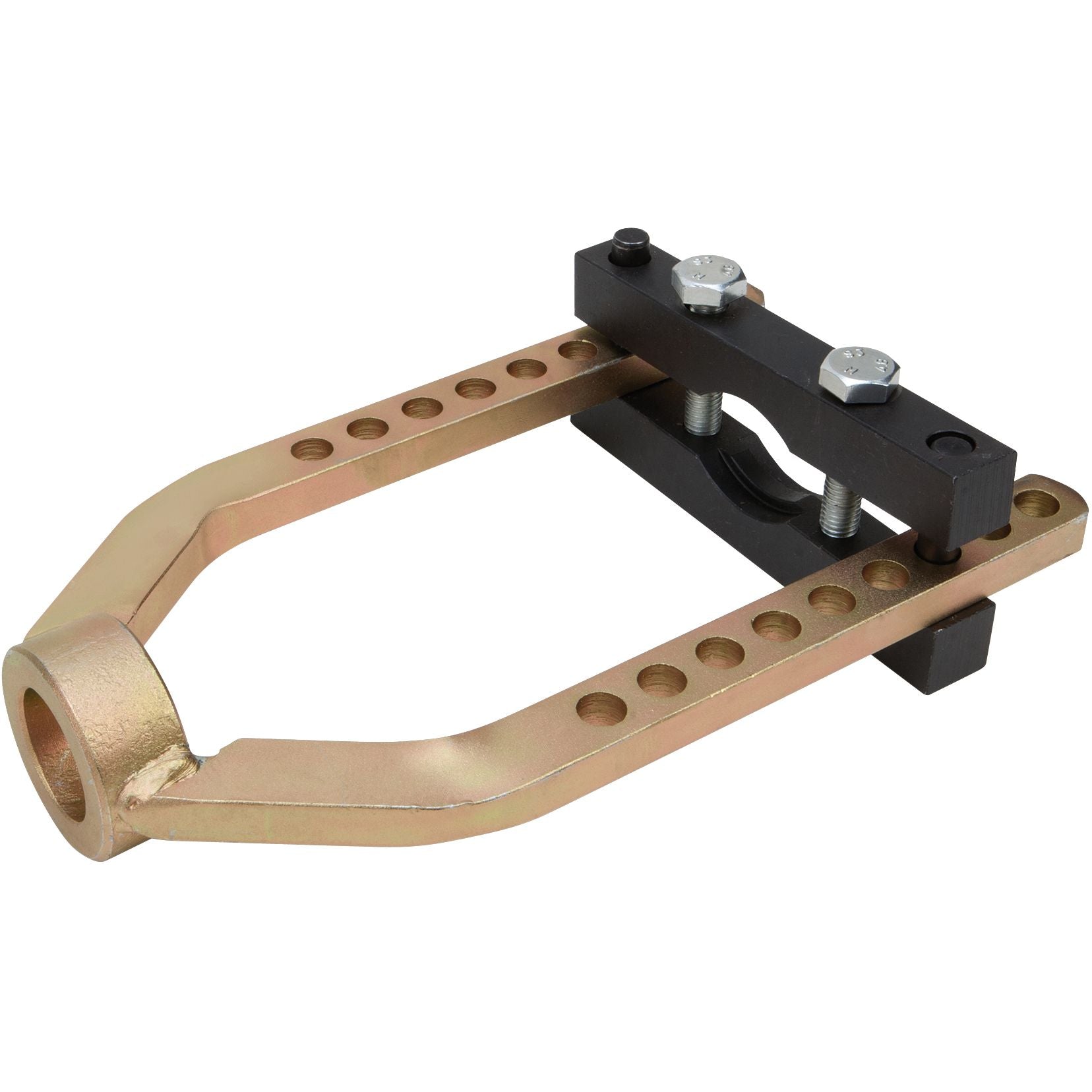 The Cv Joint Removal Tool by Performance Tool features a gold frame with multiple adjustment holes, a black crossbar secured by bolts, and is safe for transmission use—perfect for axle and CV joint removal.