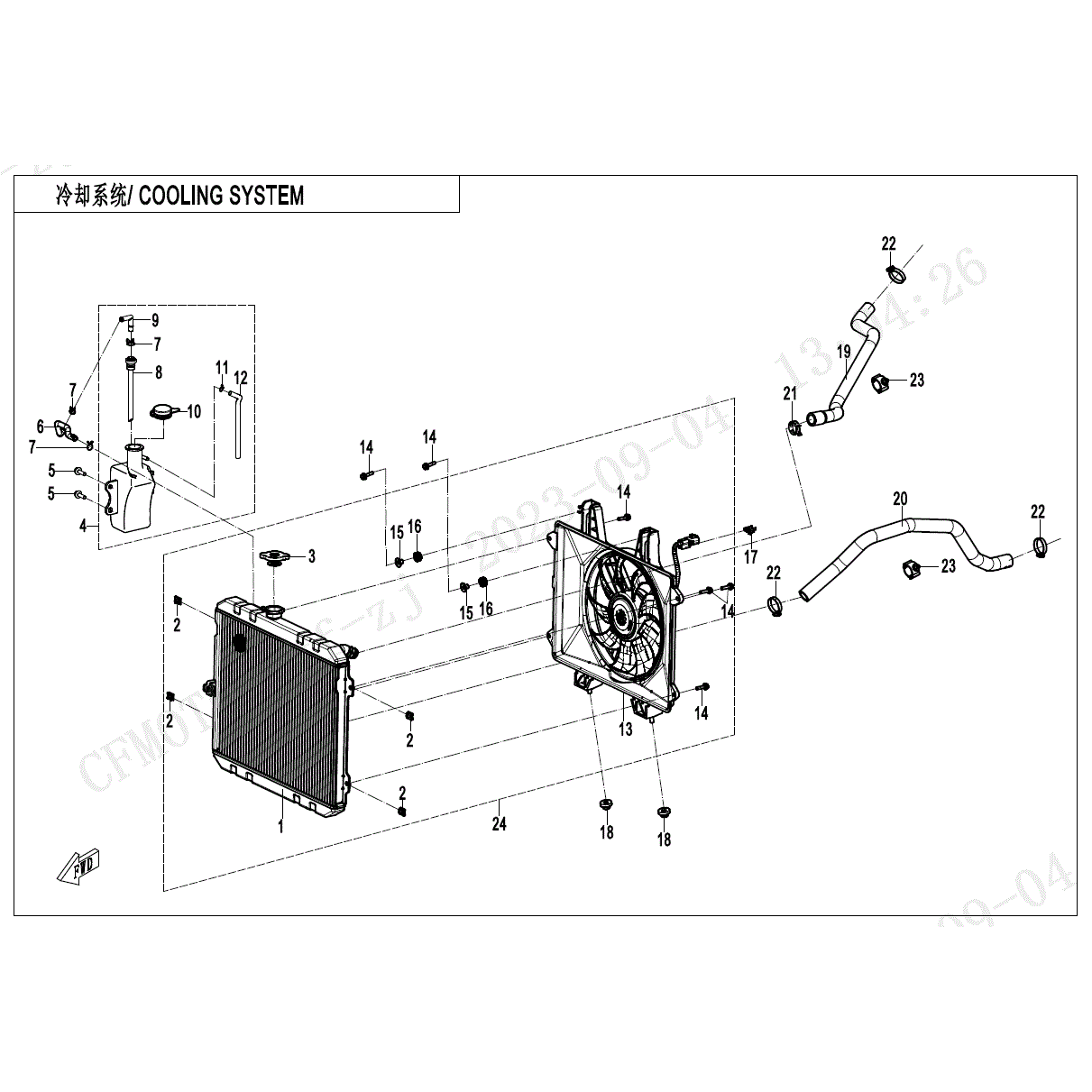 An Image of a genuine CFMOTO Parts Schematic Diagram showing the group - COOLING SYSTEM - 2024 CFMOTO CFORCE 800 TOURING