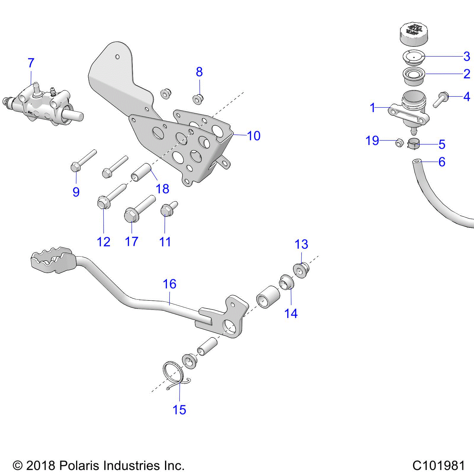 An Image of a Genuine Polaris Parts Schematic Diagram showing the schematic - BRAKES: BRAKE PEDAL and MASTER CYLINDER - 2020 POLARIS SPORTSMAN TOURING XP 850 48"
