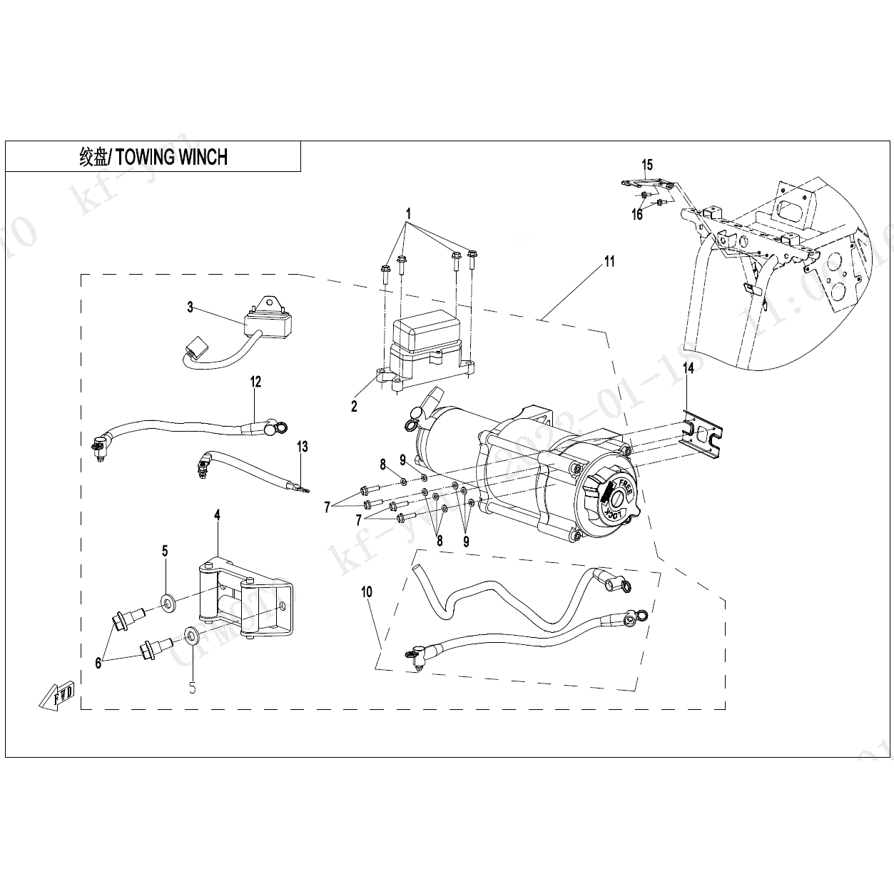 An Image of a genuine CFMOTO Parts Schematic Diagram showing the group - TOWING WINCH - 2022 CFMOTO CFORCE 500