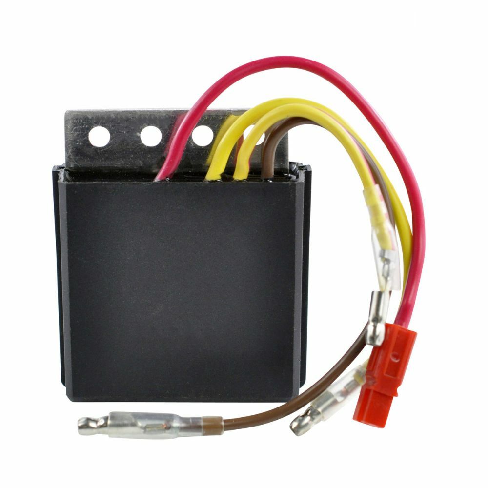 Black rectangular offroad regulator with metal mounting bracket and red, yellow, and brown wires ending in connectors.