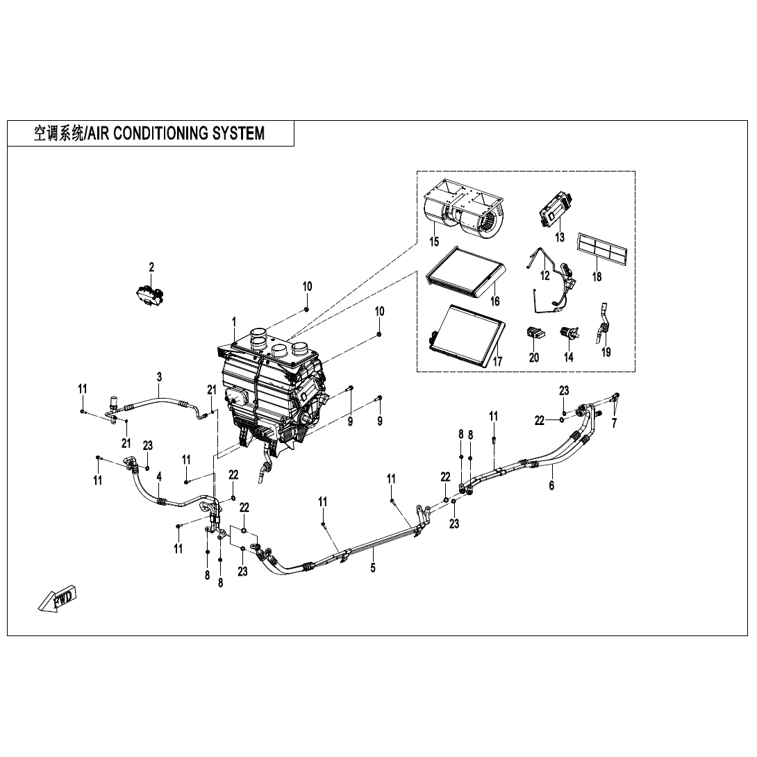 An Image of a Genuine CFMOTO Parts Schematic Diagram showing the schematic - AIR CONDITIONING SYSTEM - 2025 CFMOTO UFORCE U10 PRO HIGHLAND
