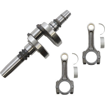 The Can Am Crankshaft Assembly OEM Stroke by Hot Rods, featuring a metal crankshaft with two connecting rods and top-end bearings, is displayed on a white background—showcasing components for internal combustion engines.