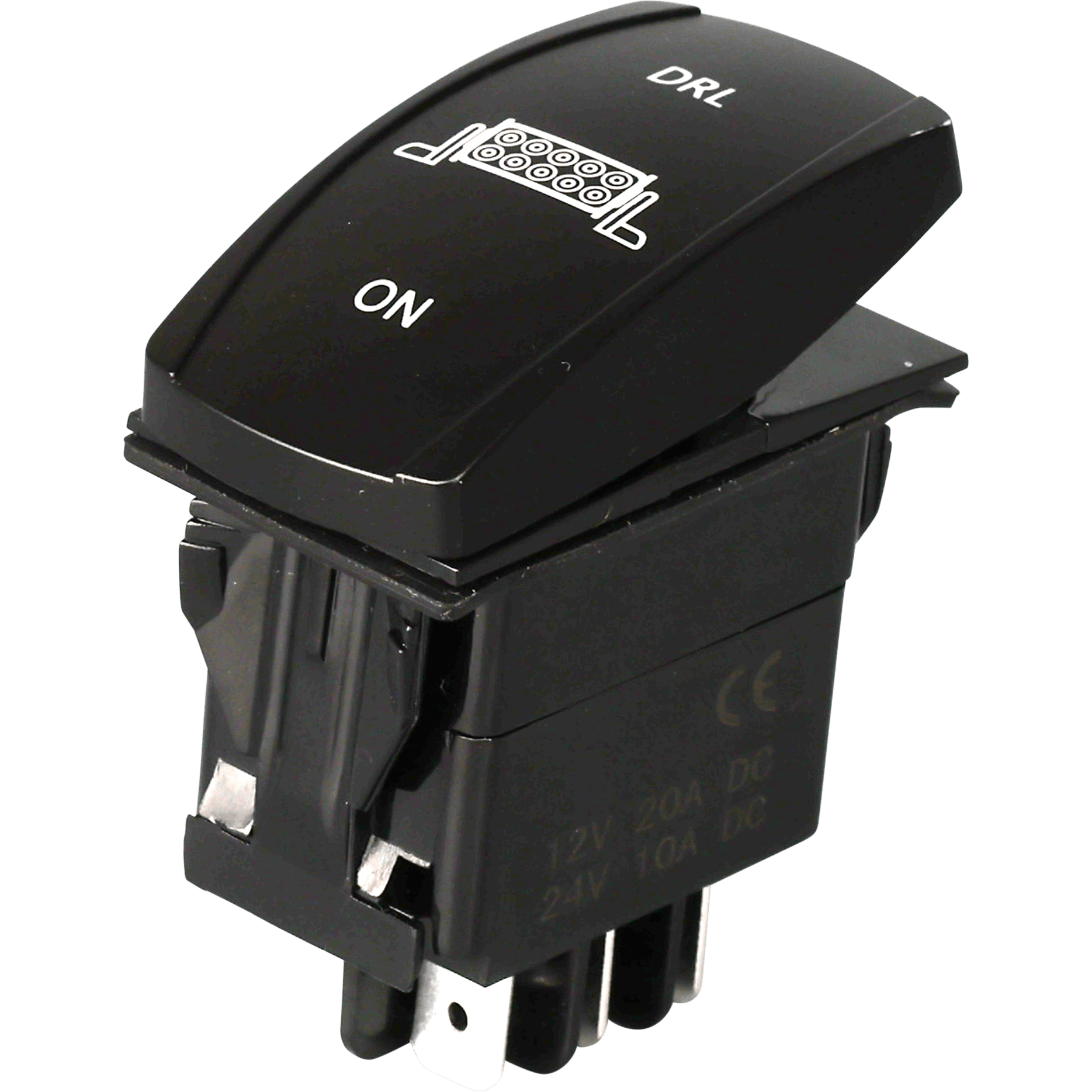 The Drl 3 Position Led Switch Pro Backlit by Open Trail is a black rocker switch labeled ON and DRL, with a wiring diagram icon, metal terminals for connections, and dual LEDs for clear status indication.