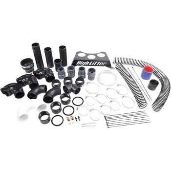The Kawasaki ATV Snorkel Kit by High Lifter includes black ABS piping, clamps, rubber fittings, springs, a metal mounting plate, and installation hardware—an array of air intake accessories displayed on a white surface.
