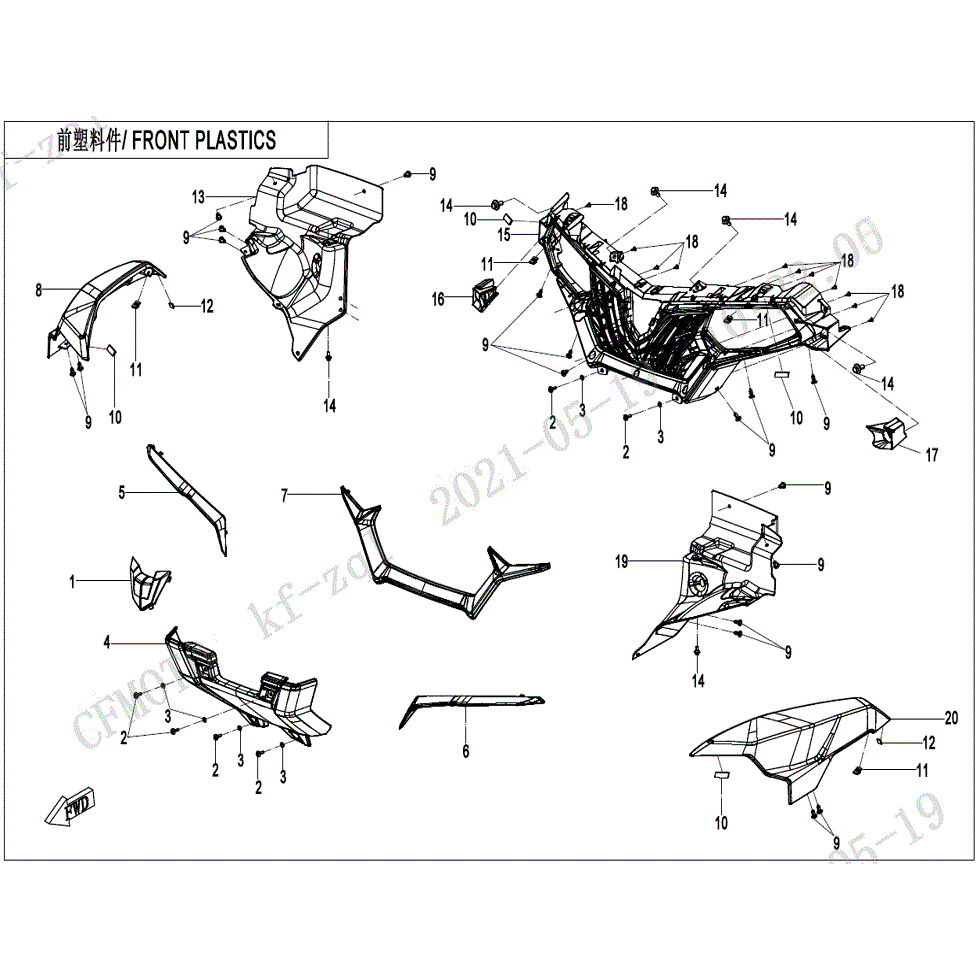 An Image of a genuine CFMOTO Parts Schematic Diagram showing the group - FRONT PLASTICS(2) - 2022 CFMOTO CFORCE 600 Touring