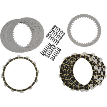 Barnett Clutch Kit components, including steel drive plates, friction plates, and springs, are arranged neatly on a white background.