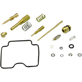 The Suzuki Carburetor Repair Kit by Shindy includes float valves, brass main jets, springs, gaskets, O-rings, washers, and screws arranged on a white background.