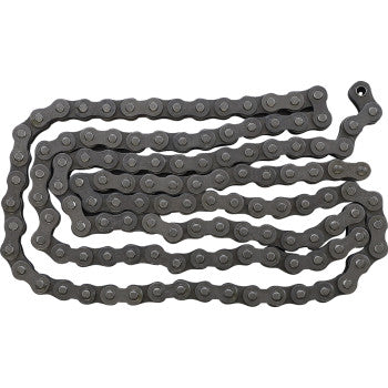 The 428 SR Heavy Duty Non Sealed Chain by Ek, featuring 124 links with solid bushings, is shown coiled flat with visible links and pins on a white background.