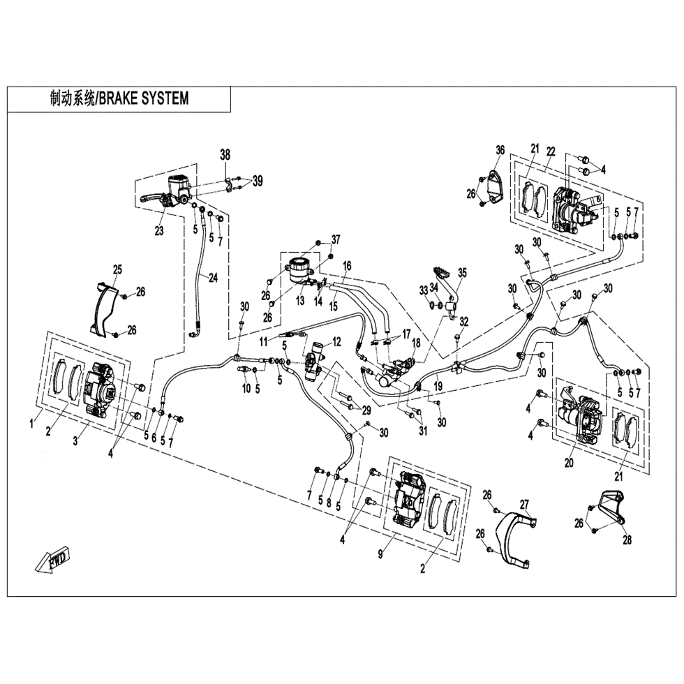 An Image of a genuine CFMOTO Parts Schematic Diagram showing the group - BRAKE SYSTEM (RH PARKING) - 2022 CFMOTO CFORCE 600