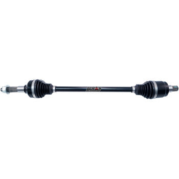 Heavy-duty black steel front left and right axle with rubber protective boots and metal joints, designed for Kawasaki Mule.