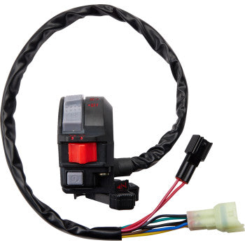 The Yamaha Switch Block Assembly by Moose Offroad features a black plastic housing, red and gray buttons, reverse override, and colored wires ending in two connectors—ideal as a replacement for quick motorcycle handlebar repairs.