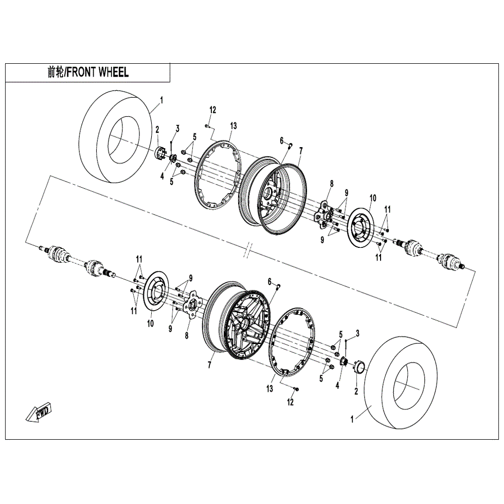 An Image of a genuine CFMOTO Parts Schematic Diagram showing the group - FRONT WHEEL (OVERLAND) - 2021 CFMOTO CFORCE 1000 Overland