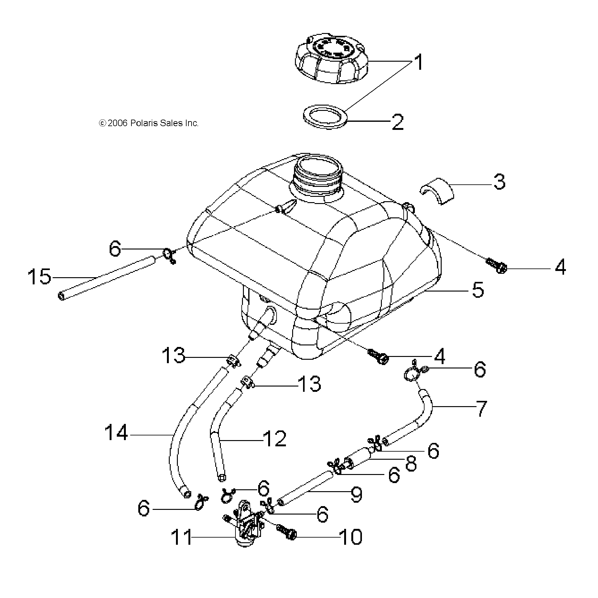 An Image of a Genuine Polaris Parts Schematic Diagram showing the schematic - BODY: FUEL TANK and HOSES - 2015 POLARIS OUTLAW 50