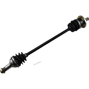 Black metal CV axle shaft with rubber protective boots and silver metal connectors on both ends.