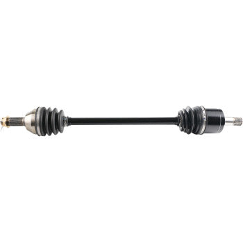 Black metal Honda Pioneer CV axle kit with rubber boots and metal joints on each end.
