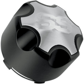 The Center Cap Replacement Wheel SS312 Black 4/156 by ITP features a black and silver design, a metallic engraved SS logo on top, and a grooved textured edge to match ITP’s SS312 wheels.