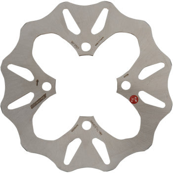 Silver wave-pattern brake rotor with six mounting holes and vented design for Kawasaki KFX R.