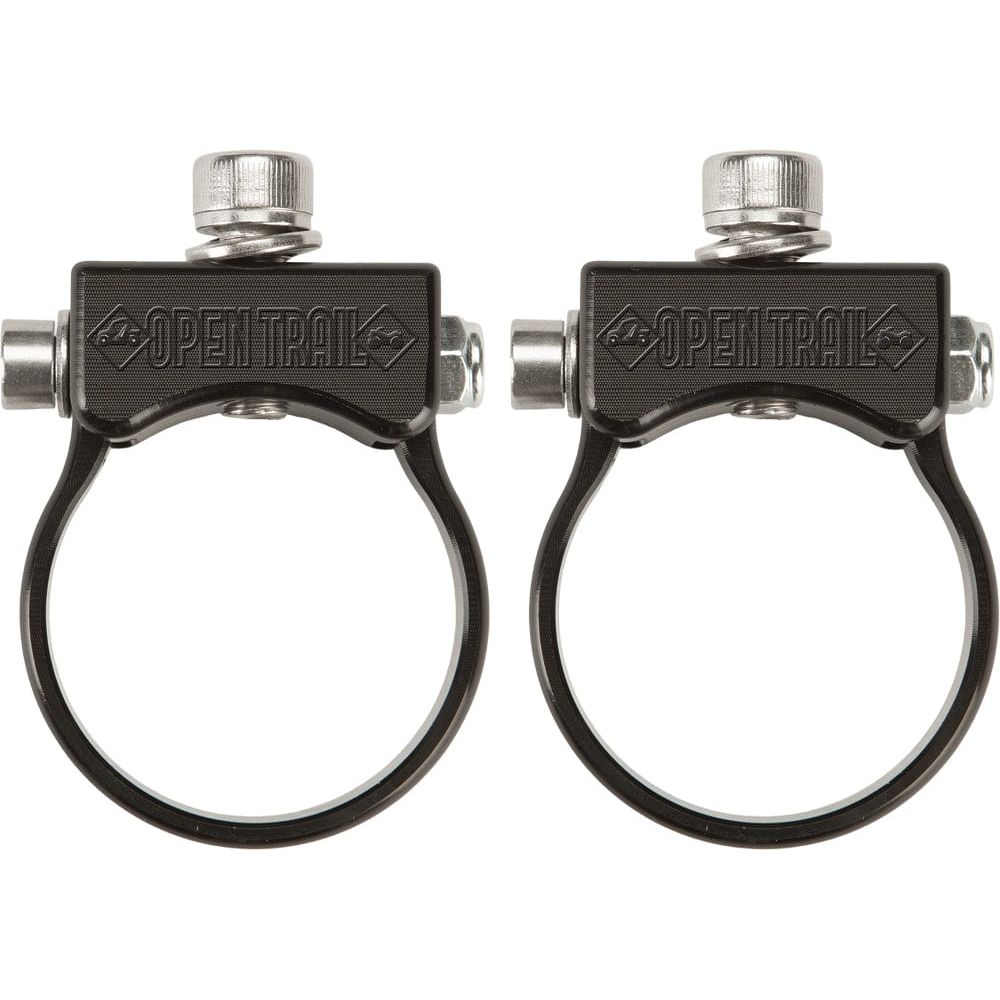 The Light Bar Brackets 1.5 Pair by Open Trail are black metal clamps with the brand embossed, each featuring a circular band and tightening screw—perfect for mounting your LED light bar to a roll bar.