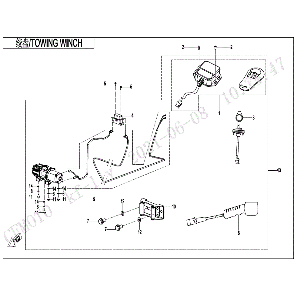 An Image of a Genuine CFMOTO Parts Schematic Diagram showing the schematic - TOWING WINCH - 2022 CFMOTO UFORCE 1000