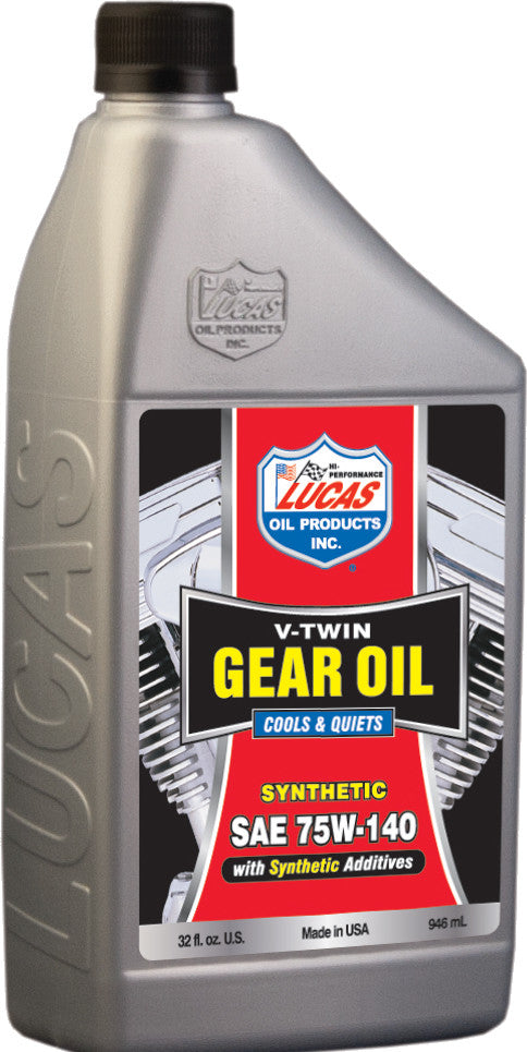 A 32 fl. oz. (946 ml) bottle of Lucas Oil V-Twin Synthetic Gear Oil 75W140, labeled for high-performance V-twins with synthetic additives and a motorcycle engine image.
