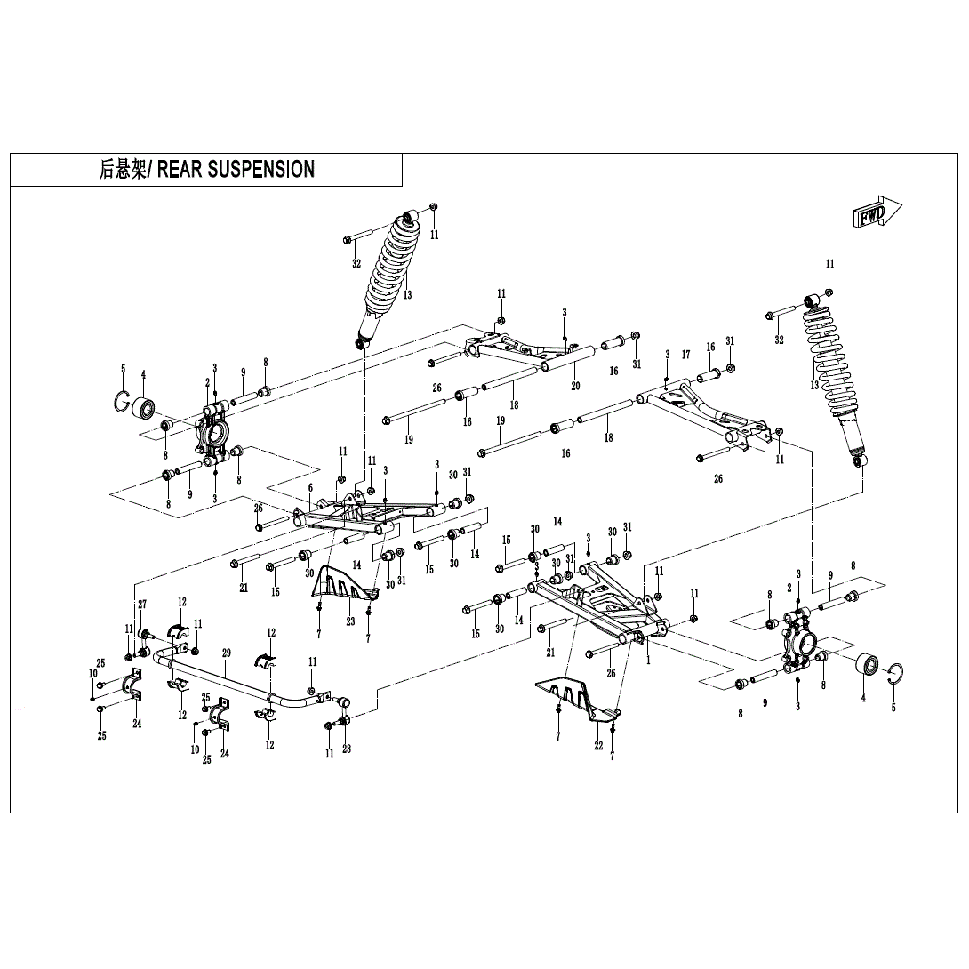 An Image of a Genuine CFMOTO Parts Schematic Diagram showing the schematic - REAR SUSPENSION - 2025 CFMOTO UFORCE 1000 XL