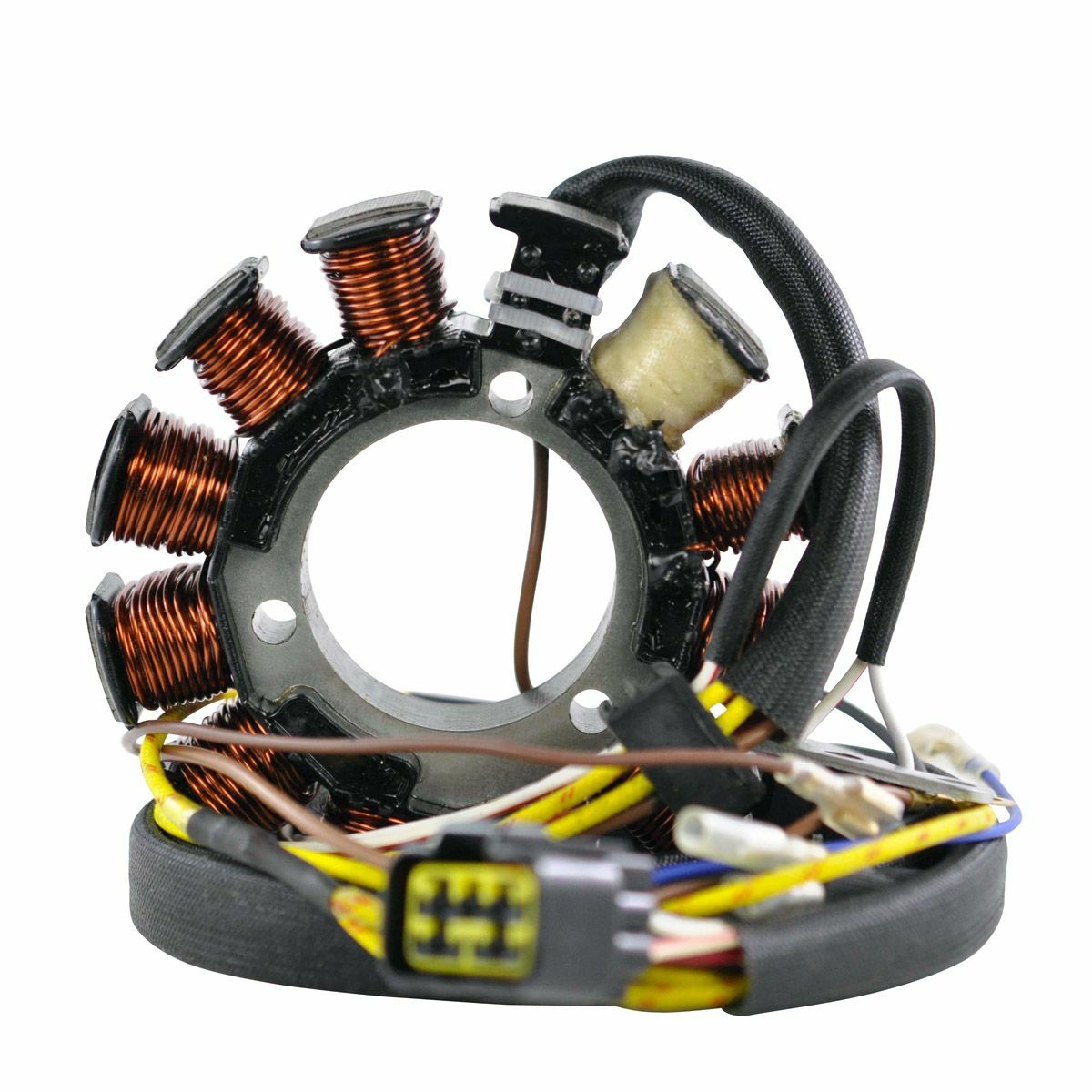 Circular motorcycle stator with copper wire coils evenly spaced around a gray metal core and attached black wiring harness.