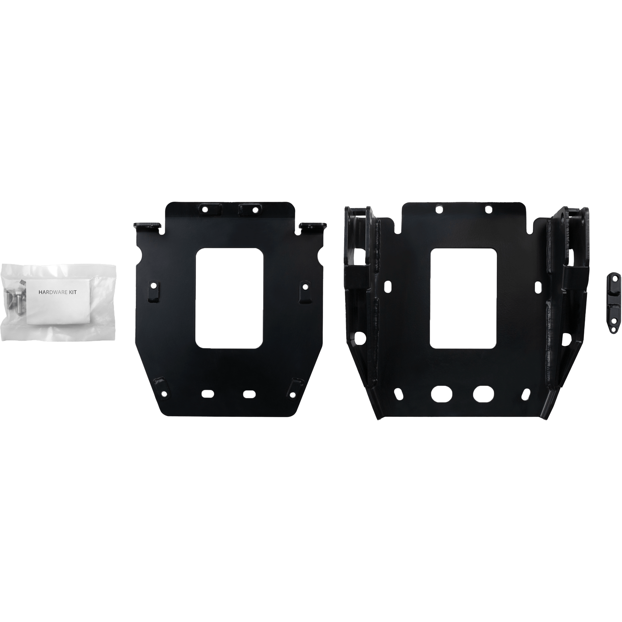 The Plow Mount by Open Trail includes two black metal brackets with rectangular cutouts, a small black metal piece, and a clear bag labeled “MOUNTING KIT” containing screws and hardware, all displayed on a white background.