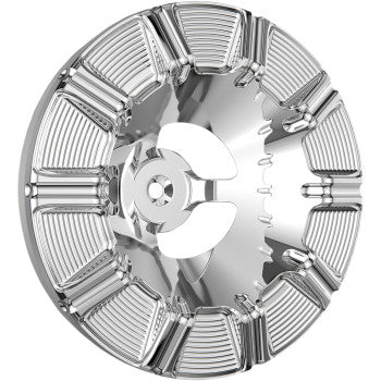 The Velocity Air Cleaner Cover - 10-Gauge - Chrome by Arlen Ness features a shiny, chrome finish with evenly spaced raised ribbed segments and geometric cutouts around its hollow center.