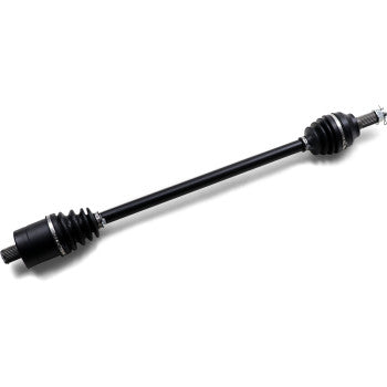 The Polaris RZR Axle Kit Complete 8 Ball Extreme Duty Front Left & Right by All Balls is a black automotive drive shaft with rubber boots and metal connectors, featuring precision ball bearings, shown on a white background.