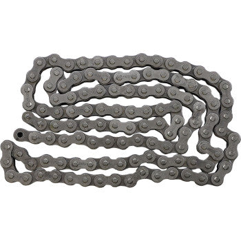 The 428 Standard Non Sealed Chain by EK, featuring 118 links and a visible master link, is arranged in a loose, wavy pattern on a white background. All interconnected steel alloy links appear new and unused.