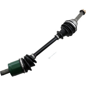 Front left and right Polaris Sportsman CV axle kit with black shaft, green and silver metal ends, and rubber boots.