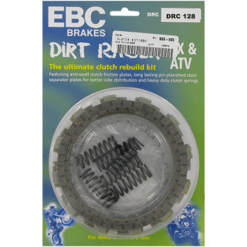 Clutch Kit by Ebc in retail packaging includes heavy duty clutch springs and friction plates, packed in a clear plastic container with branded label on a blue and green background.