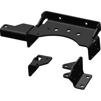The UTV Pro 2.0 Actuator Bracket Kit Standard by Kfi Products includes three black metal brackets with multiple holes and angled edges, designed to support plow angle adjustment. The set features one large curved bracket and two smaller angular ones.