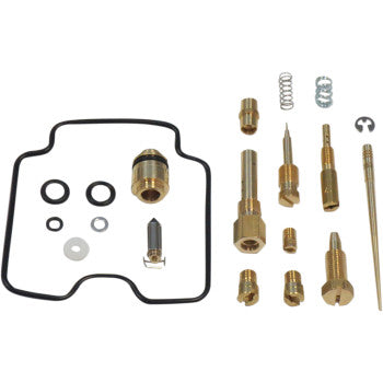 The Yamaha Carburetor Repair Kit by Shindy includes float valves, jet needle sets, screws, o-rings, a spring, and a gasket—various metal and rubber parts neatly arranged on a white background.