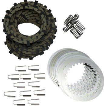 The Yamaha Raptor TorqDrive® Clutch Pack by Rekluse, featuring steel plates, friction disks, metal springs, and clutch keys with advanced technology, is arranged on a white background.