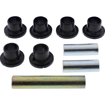 The Rear Knuckle Suspension Kit by Moose Offroad includes seven black plastic bushings and three metal spacers, arranged on a white background with the bushings in two rows above the spacers.