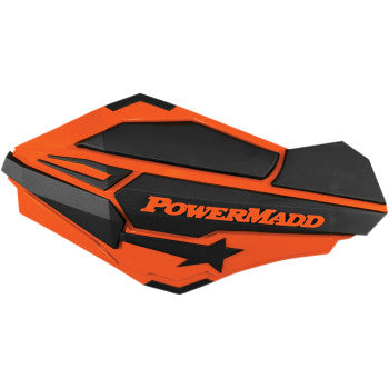 The Powermadd Sentinel Handguards in orange and black feature an angular design with a star graphic for durability and style—ideal for ATVs or dirt bikes.